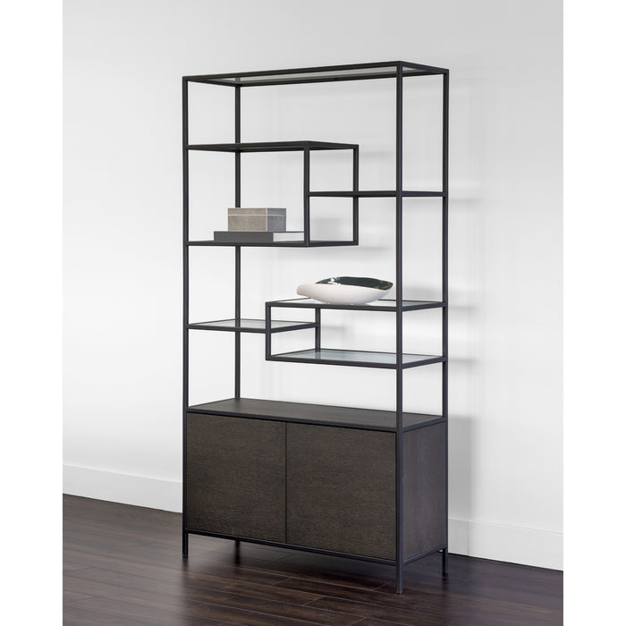 Sunpan Stamos Clear Glass Shelves Oak Wood Bookcase