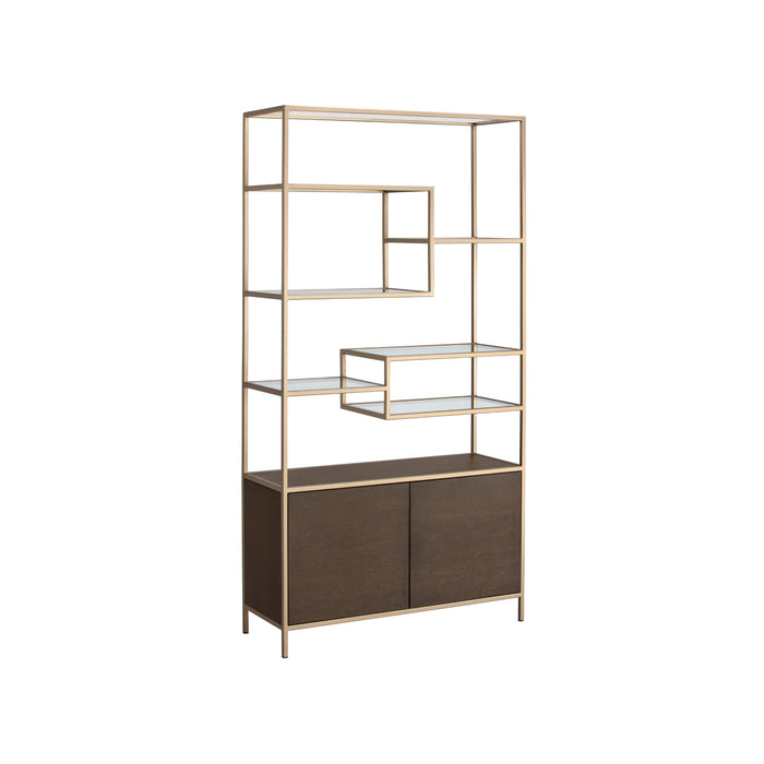 Sunpan Stamos Clear Glass Shelves Oak Wood Bookcase