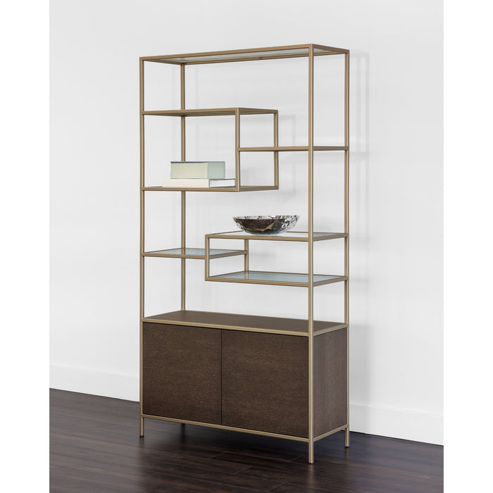 Sunpan Stamos Clear Glass Shelves Oak Wood Bookcase