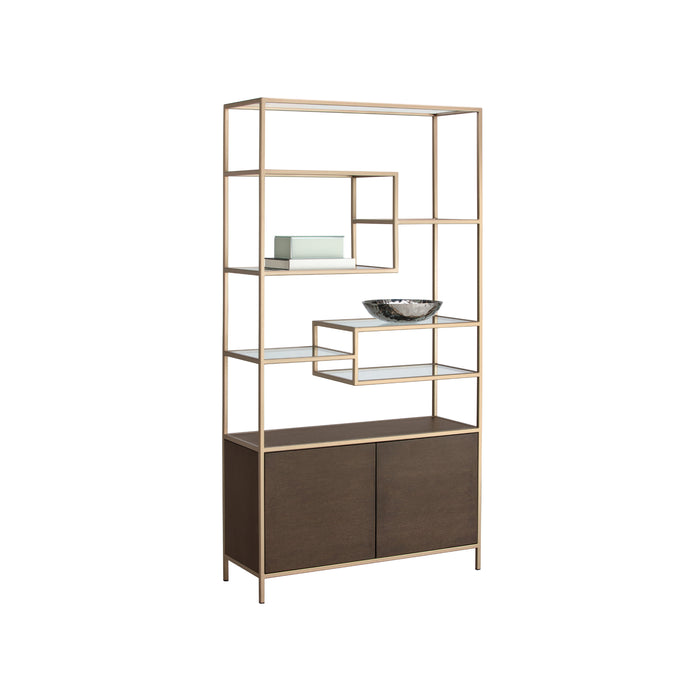 Sunpan Stamos Clear Glass Shelves Oak Wood Bookcase