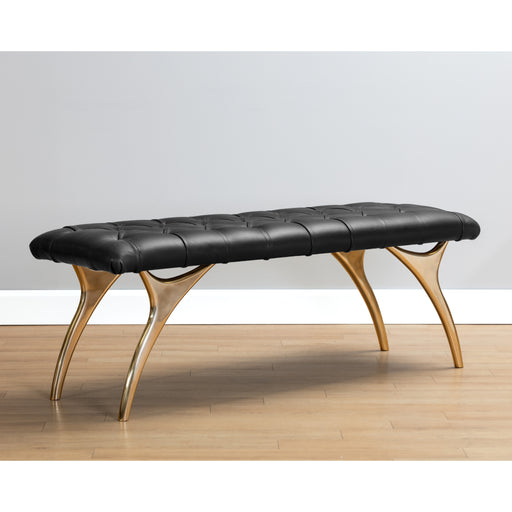 Sunpan Taylen Black Tufted Leather Gold Base Bench 