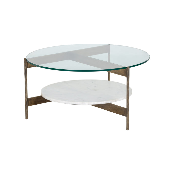 Sunpan Mikayla Round Clear Glass Top White Marble Coffee Table 