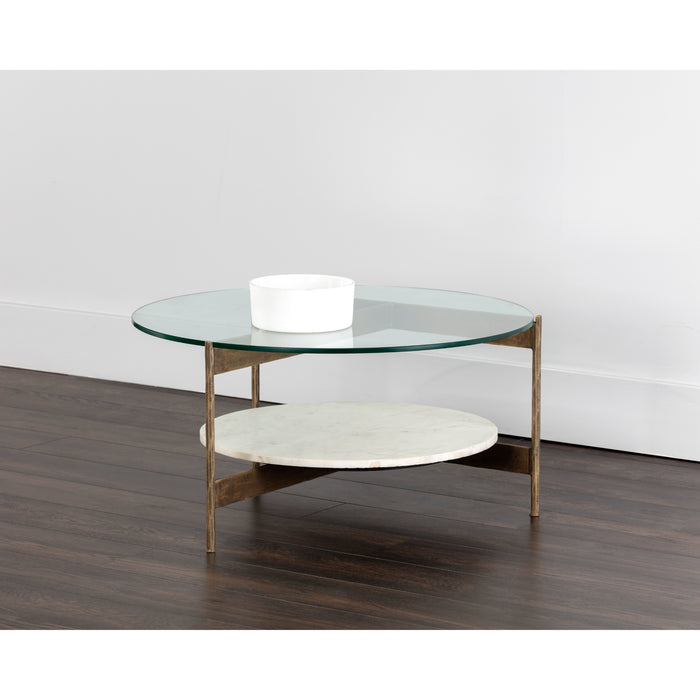 Sunpan Mikayla Round Clear Glass Top White Marble Coffee Table 