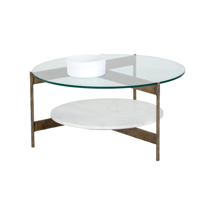 Sunpan Mikayla Round Clear Glass Top White Marble Coffee Table 