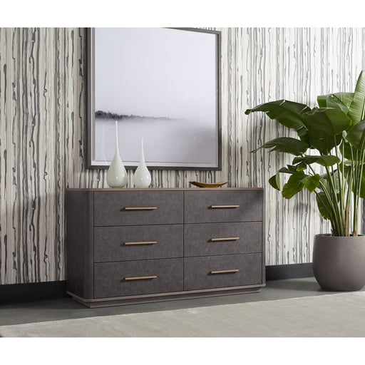 Sunpan Altman Grey Faux Leather Wood Base Drawers Dresser 