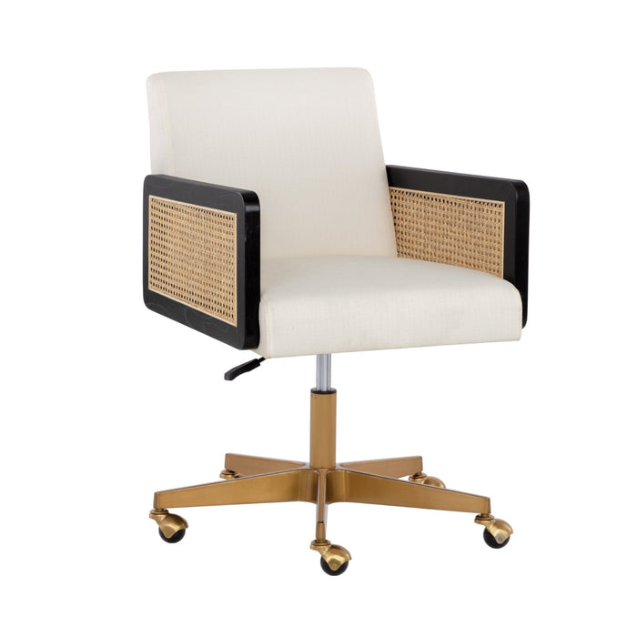 Sunpan Claudette White Fabric Rattan Arms Office Chair 