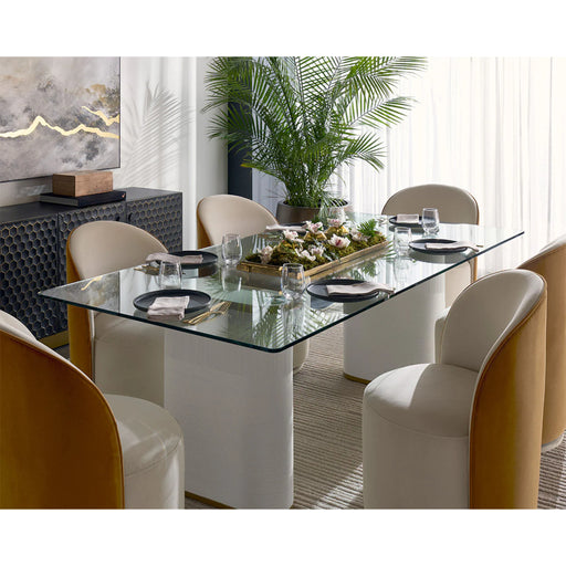 Sunpan Luxury White Glass Table with Fabric Chair Dining Set