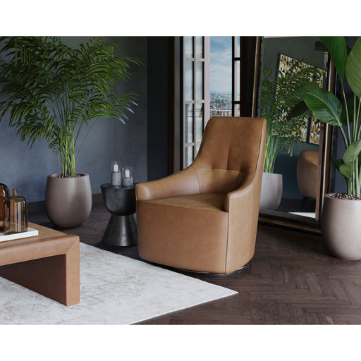 Sunpan Carmine Brown Leather Modern Swivel Lounge Chair
