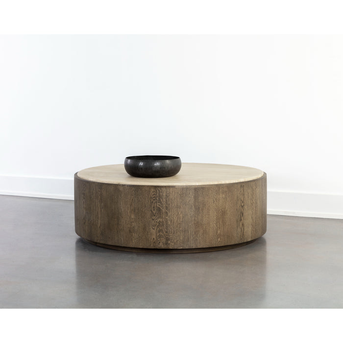 Sunpan Oberon Handcrafted Round Travertine Top Coffee Table