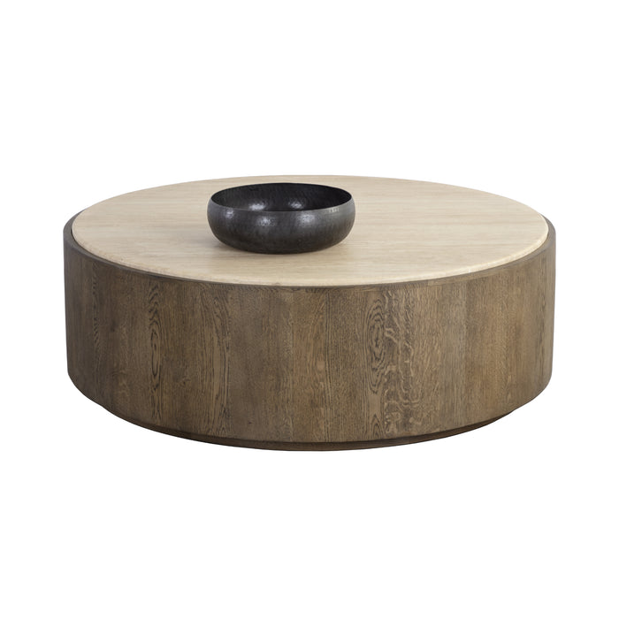 Sunpan Oberon Handcrafted Round Travertine Top Coffee Table