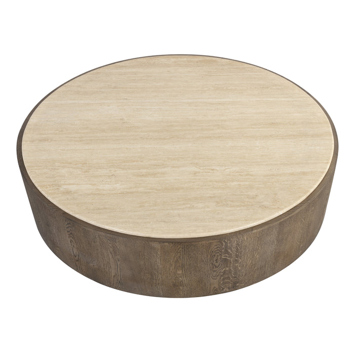 Sunpan Oberon Handcrafted Round Travertine Top Coffee Table