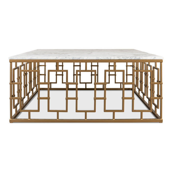 Sarreid Brass Gate Coffee Table White Marble