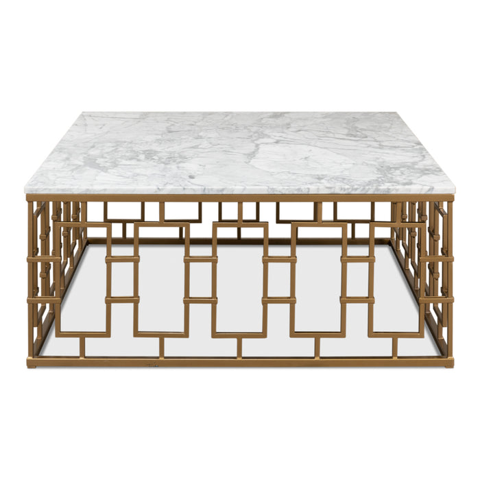 Sarreid Brass Gate Coffee Table White Marble