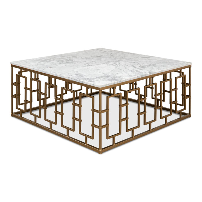 Sarreid Brass Gate Coffee Table White Marble