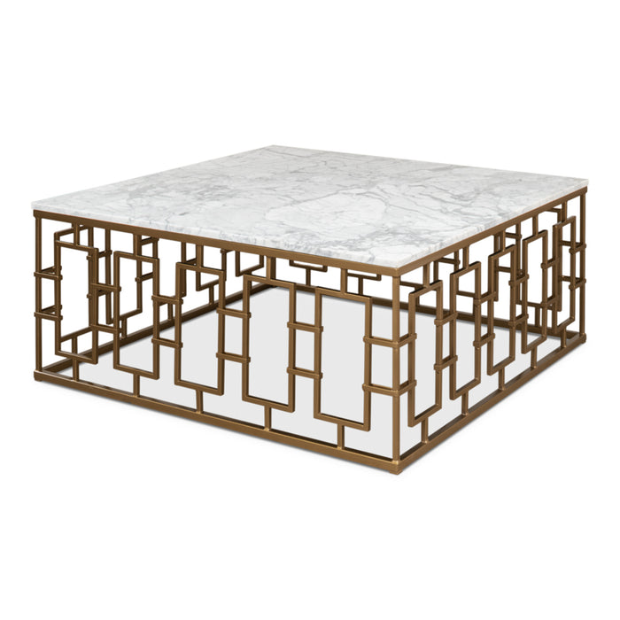 Sarreid Brass Gate Coffee Table White Marble