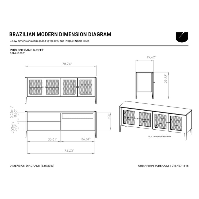 Urbia Modern Missione Cane Dining Room Buffet Brazilian Oak Cane Webbing