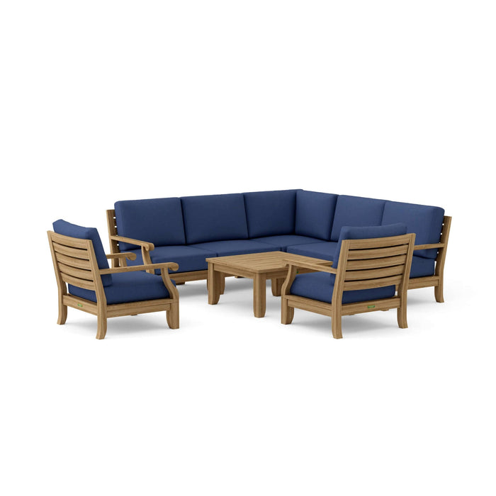 Anderson Teak Outdoor Set Navy Anderson Teak 5pc Modular Seat, 2pc Armchair and Coffee Table Set