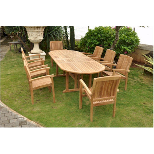 Anderson Teak Outdoor Set None Anderson Teak  106″ Oval Dining Table and Stacking Armchair Set