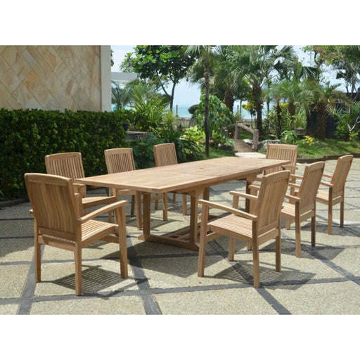 Anderson Teak Outdoor Set None Anderson Teak Bahama 118″ Rectangular Dining Table and Stacking Armchair Set